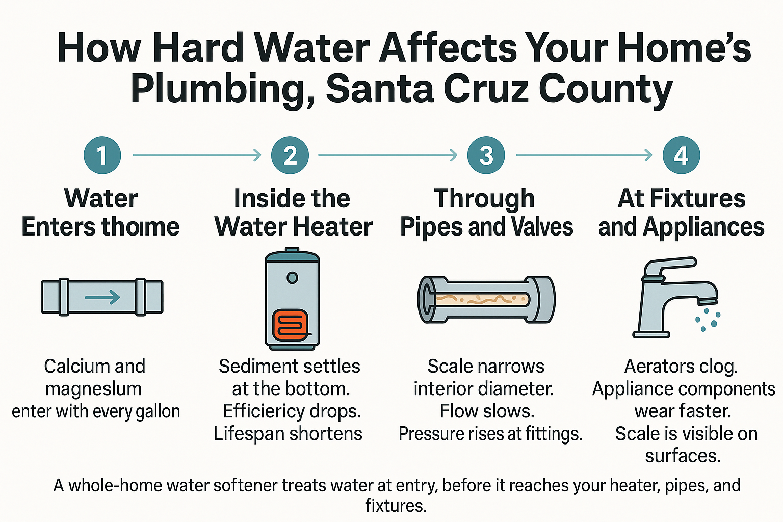 Infographic showing how hard water moves through a home's plumbing and where mineral damage accumulates