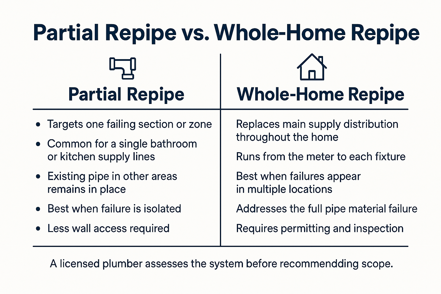 Infographic comparing partial repipe and whole-home repipe scope, coverage, and when each is recommended