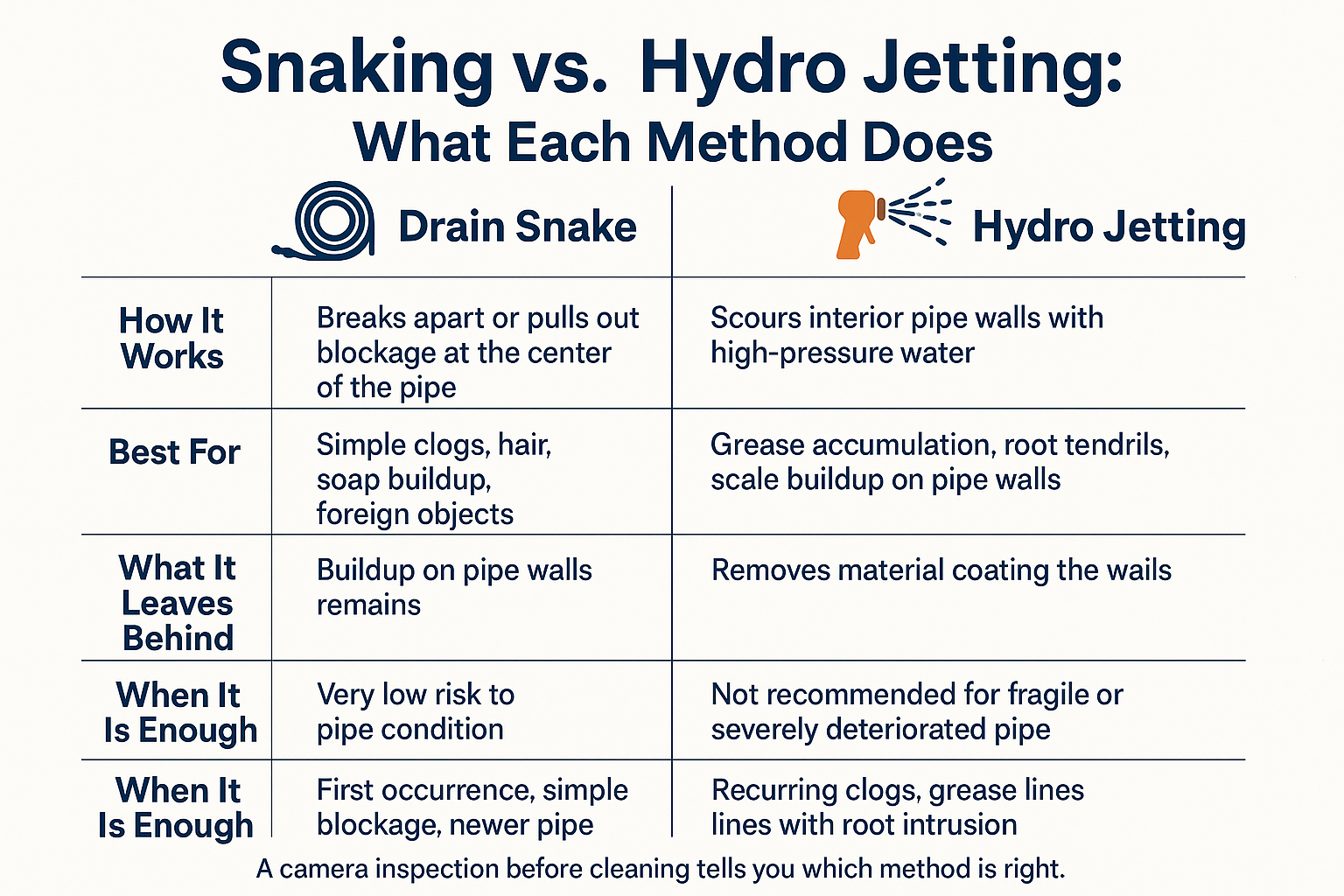 Infographic comparing drain snake vs hydro jetting methods, showing how each works, what it removes, and when each is appropriate