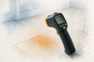 Warm discolored patch on a home tile floor being checked with an infrared thermometer, indicating a possible slab leak below