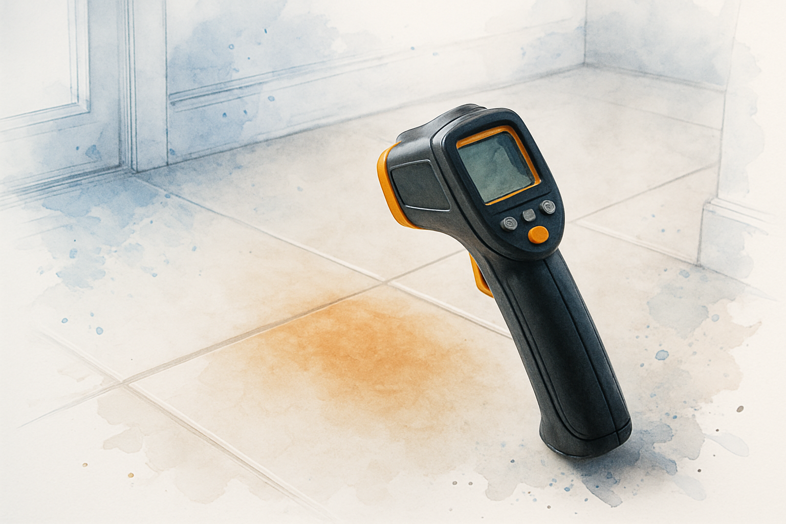 Warm discolored patch on a home tile floor being checked with an infrared thermometer, indicating a possible slab leak below