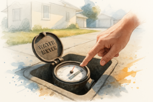 Homeowner checking a residential water meter dial in Watsonville to detect a possible hidden plumbing leak