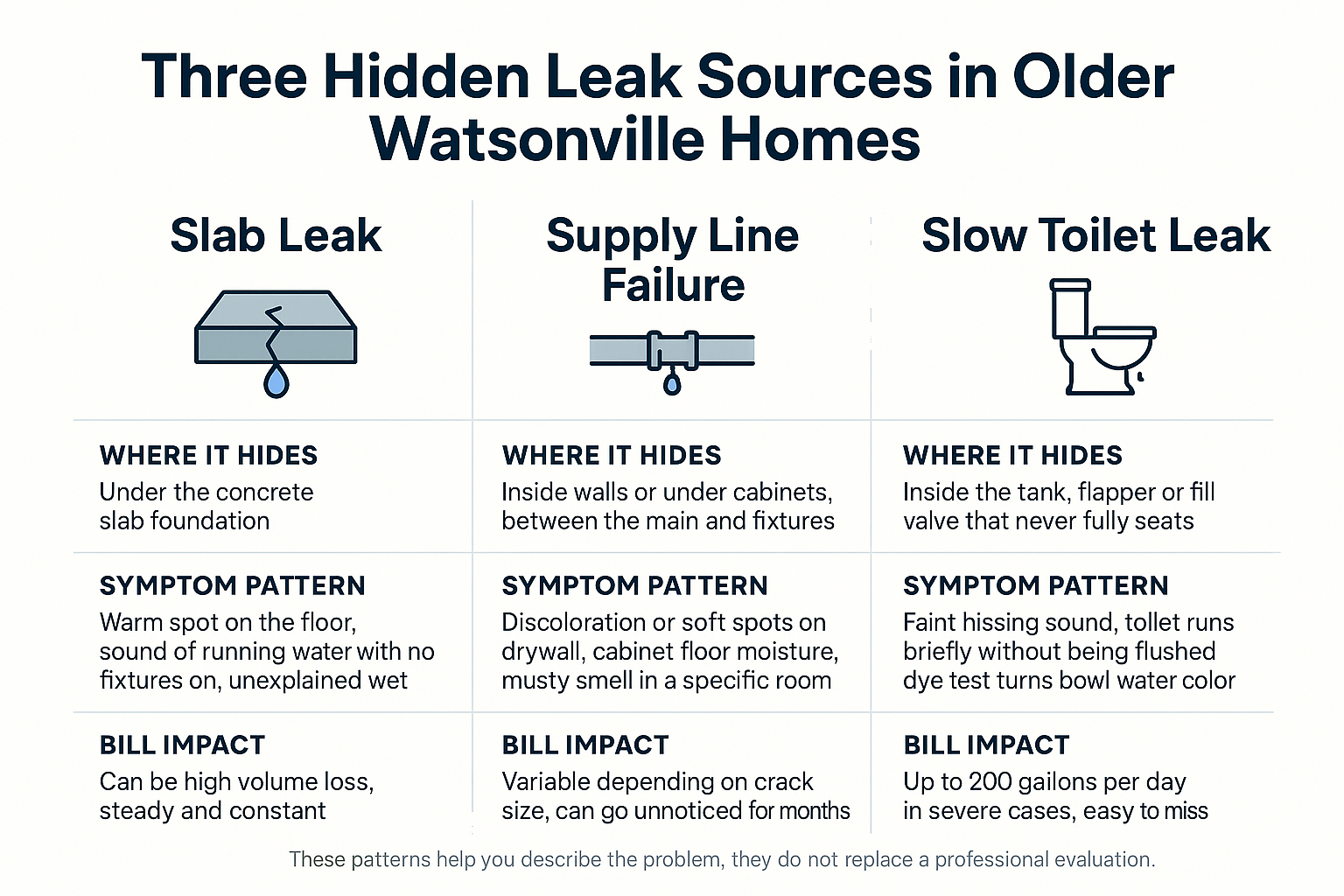 Infographic comparing three hidden leak sources in older homes: slab leaks, supply line failures, and slow toilet leaks