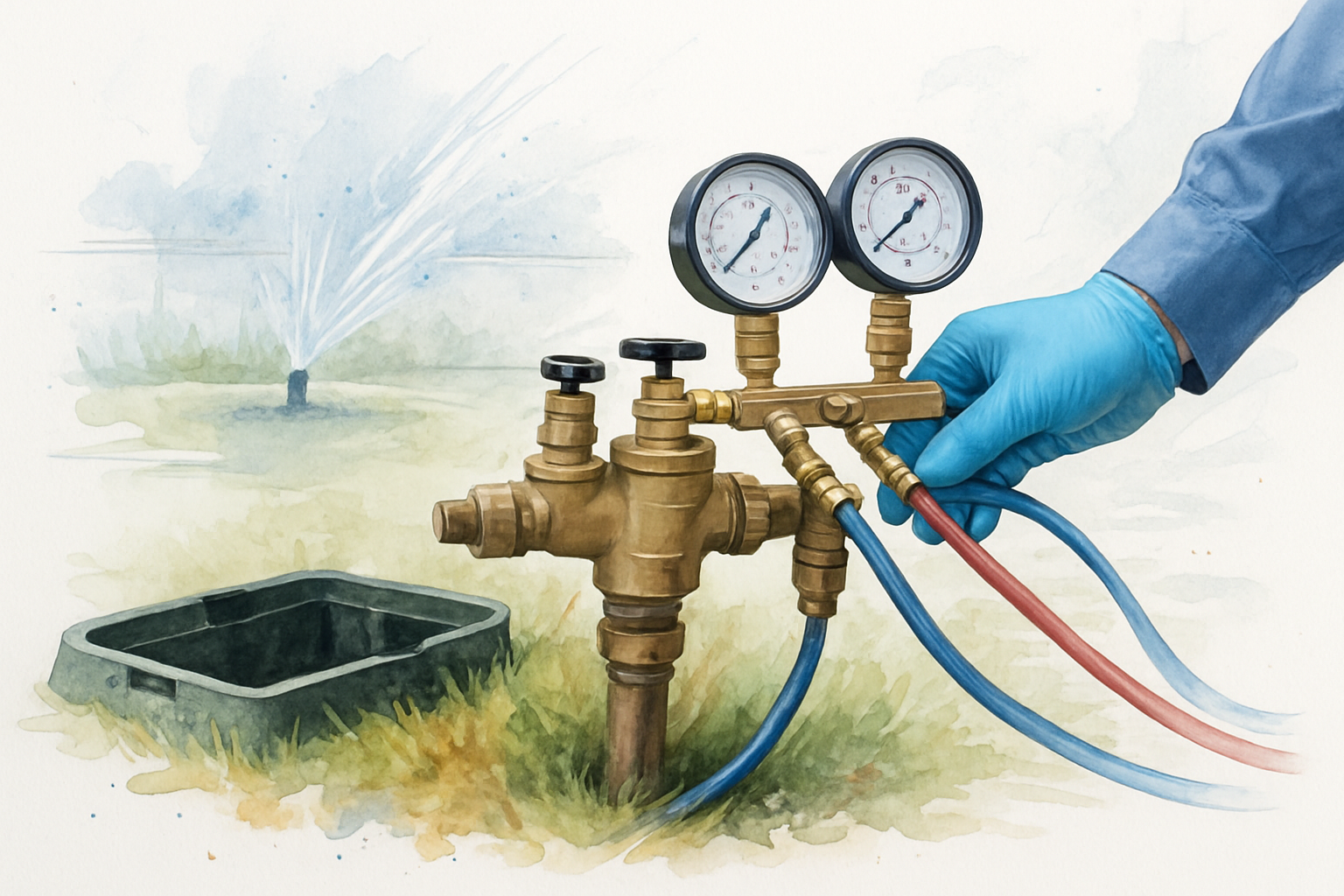 Gloved hand connecting a pressure gauge test kit to the test cocks on a backflow preventer