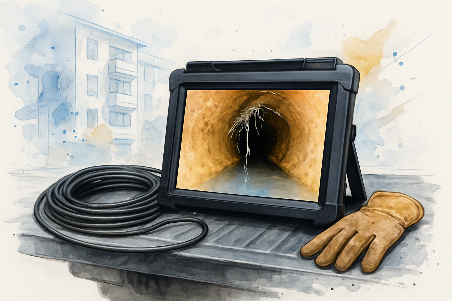 Sewer camera monitor showing root intrusion through a separated joint inside an older clay pipe