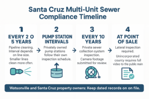 Infographic showing Santa Cruz sewer cleaning, inspection, and point-of-sale compliance intervals for multi-unit properties