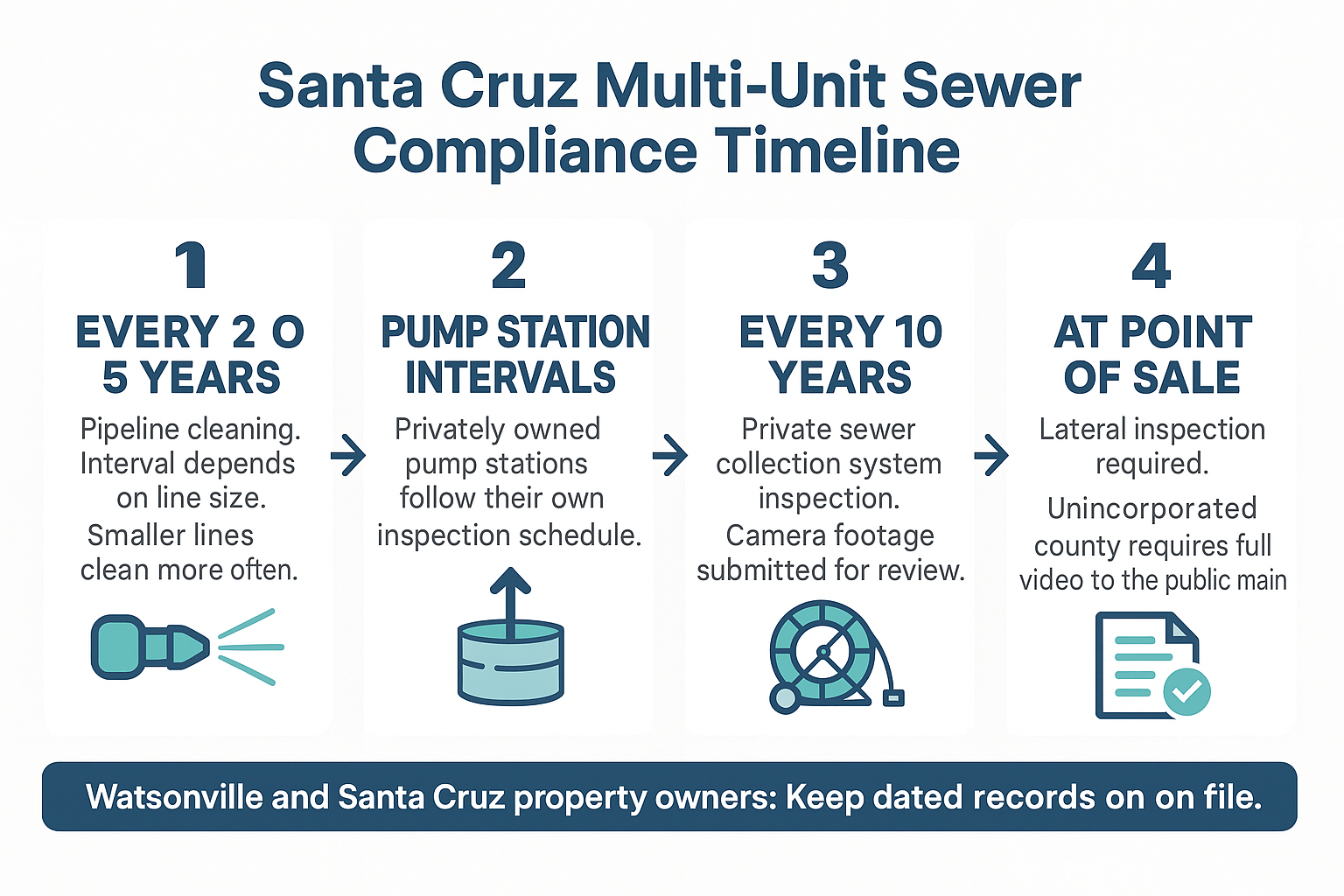 Infographic showing Santa Cruz sewer cleaning, inspection, and point-of-sale compliance intervals for multi-unit properties