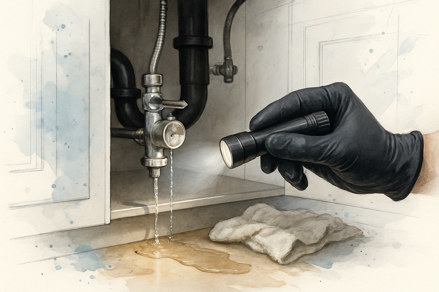 Flashlight beam on a corroded angle stop valve with mineral scale and water pooling under a kitchen sink