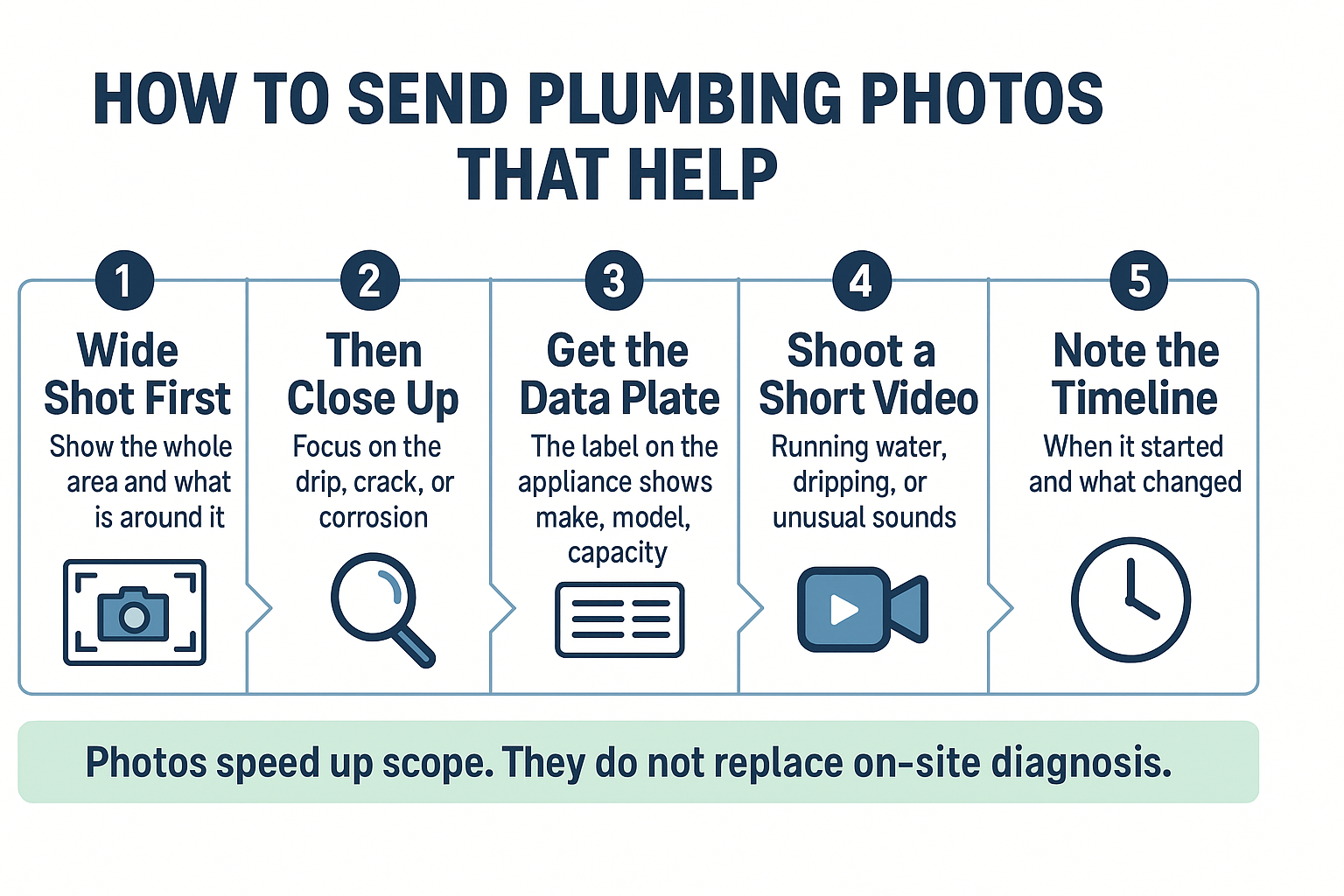 Infographic showing five steps for sending useful plumbing photos before a service visit