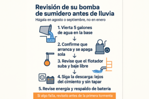 Infografía con los cinco pasos para revisar una bomba de sumidero antes de la temporada de lluvias