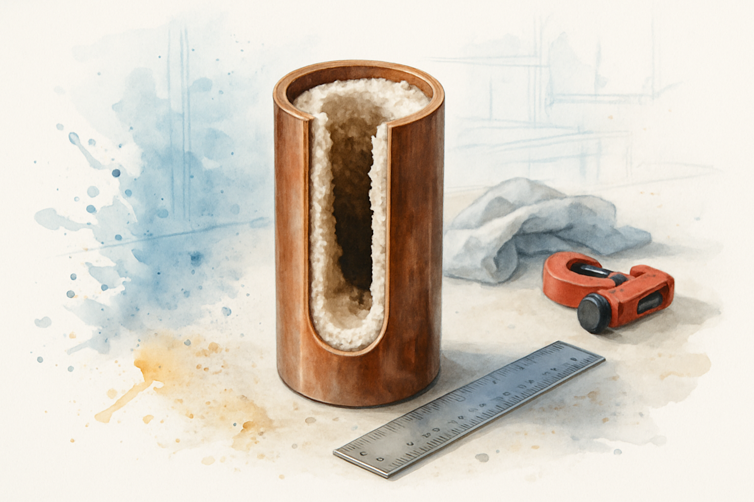 Cutaway copper water pipe showing thick mineral scale narrowing the inside of the pipe