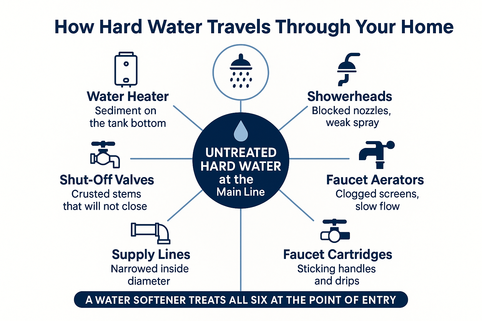 Infographic showing how untreated hard water damages water heaters, showerheads, faucets, pipes and valves