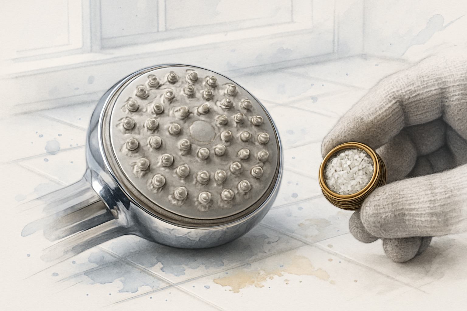 Showerhead and faucet aerator crusted with white mineral scale from hard water on a bathroom counter