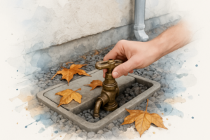 Hand turning a brass main water shutoff valve in a meter box during a storm preparedness check