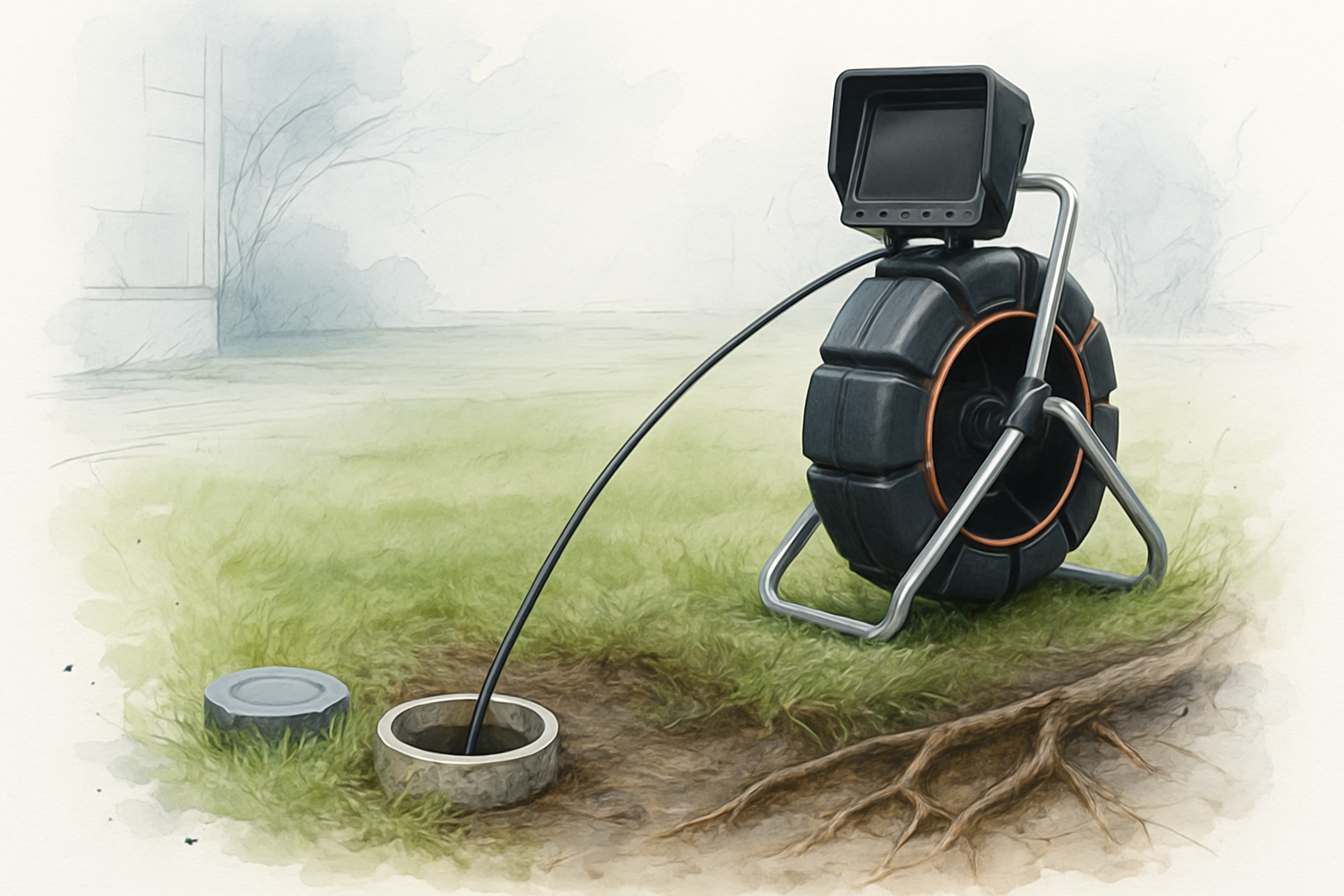 Sewer camera cable feeding into an outdoor cleanout beside tree roots in a wet backyard