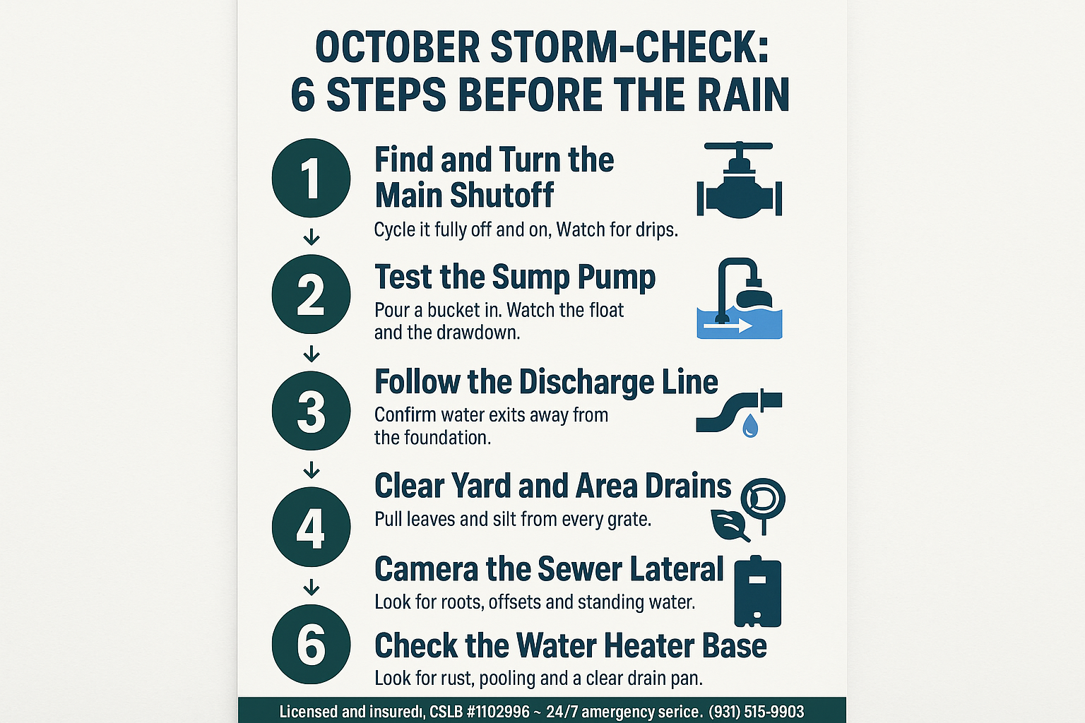 Infographic showing a six step Super El Niño storm preparedness checklist for home plumbing