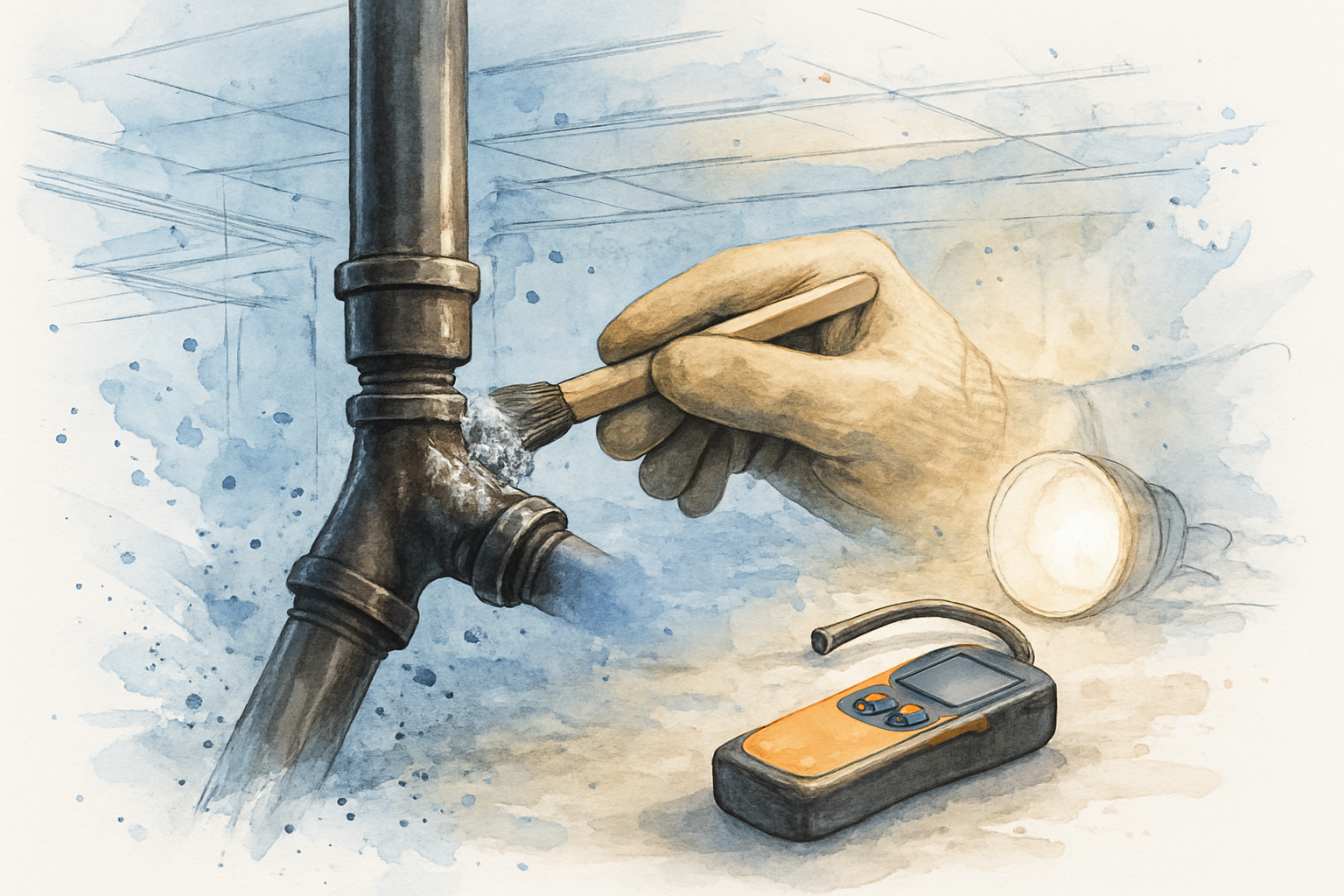 Gloved hands testing a black iron gas pipe joint with soap solution as bubbles form at the fitting