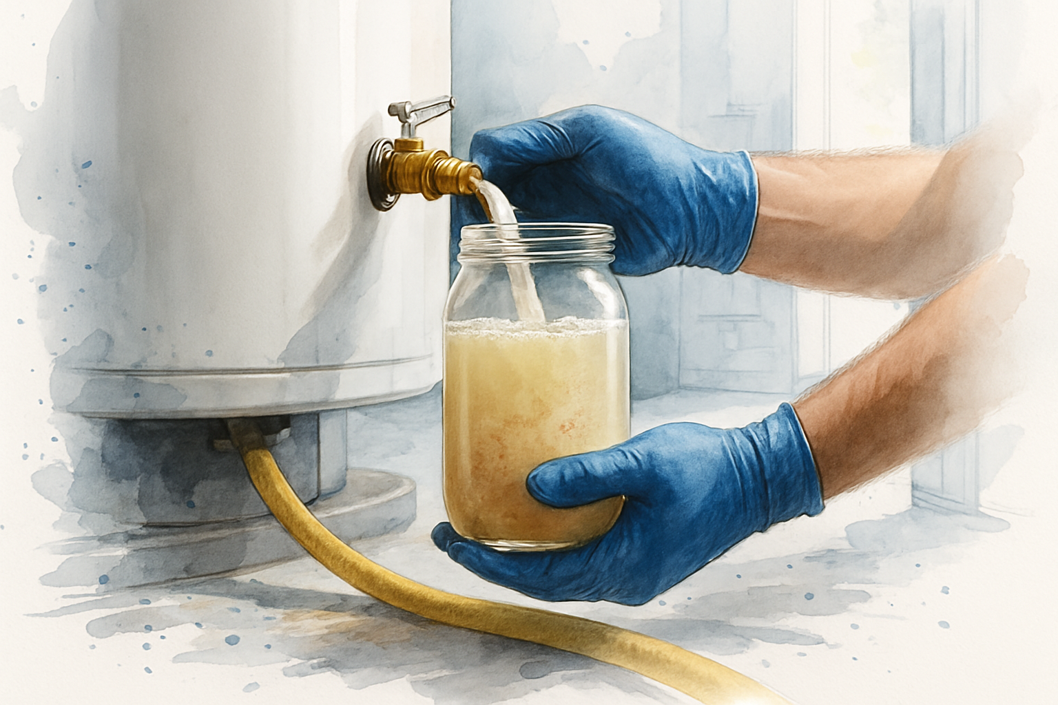 Agua turbia con sedimento mineral saliendo de la llave de drenado de un calentador de agua