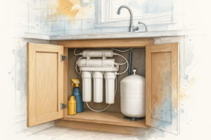 Under-sink reverse osmosis drinking water system with storage tank and filter housings in a kitchen cabinet