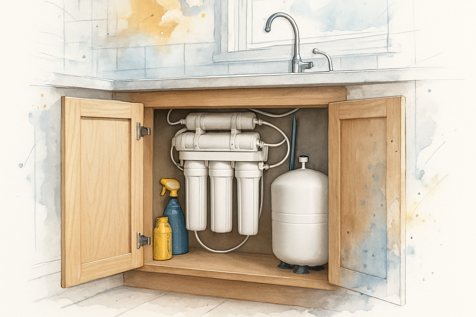 Under-sink reverse osmosis drinking water system with storage tank and filter housings in a kitchen cabinet