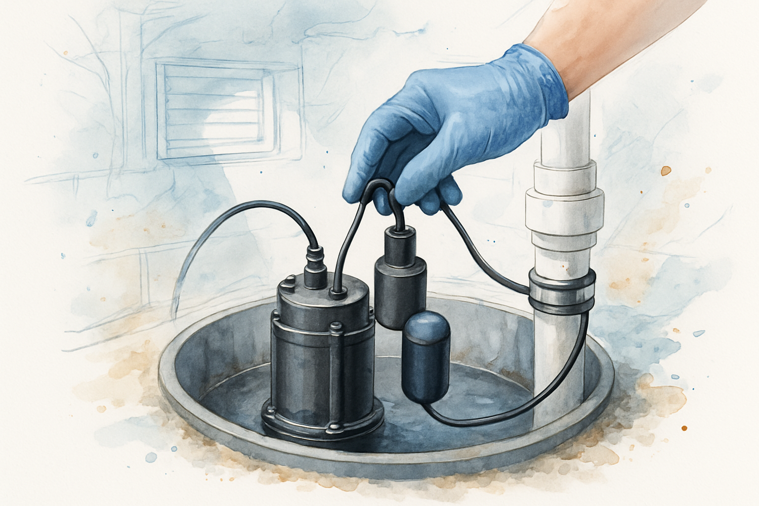 Gloved hand checking the tethered float switch on a sump pump inside a plastic basin