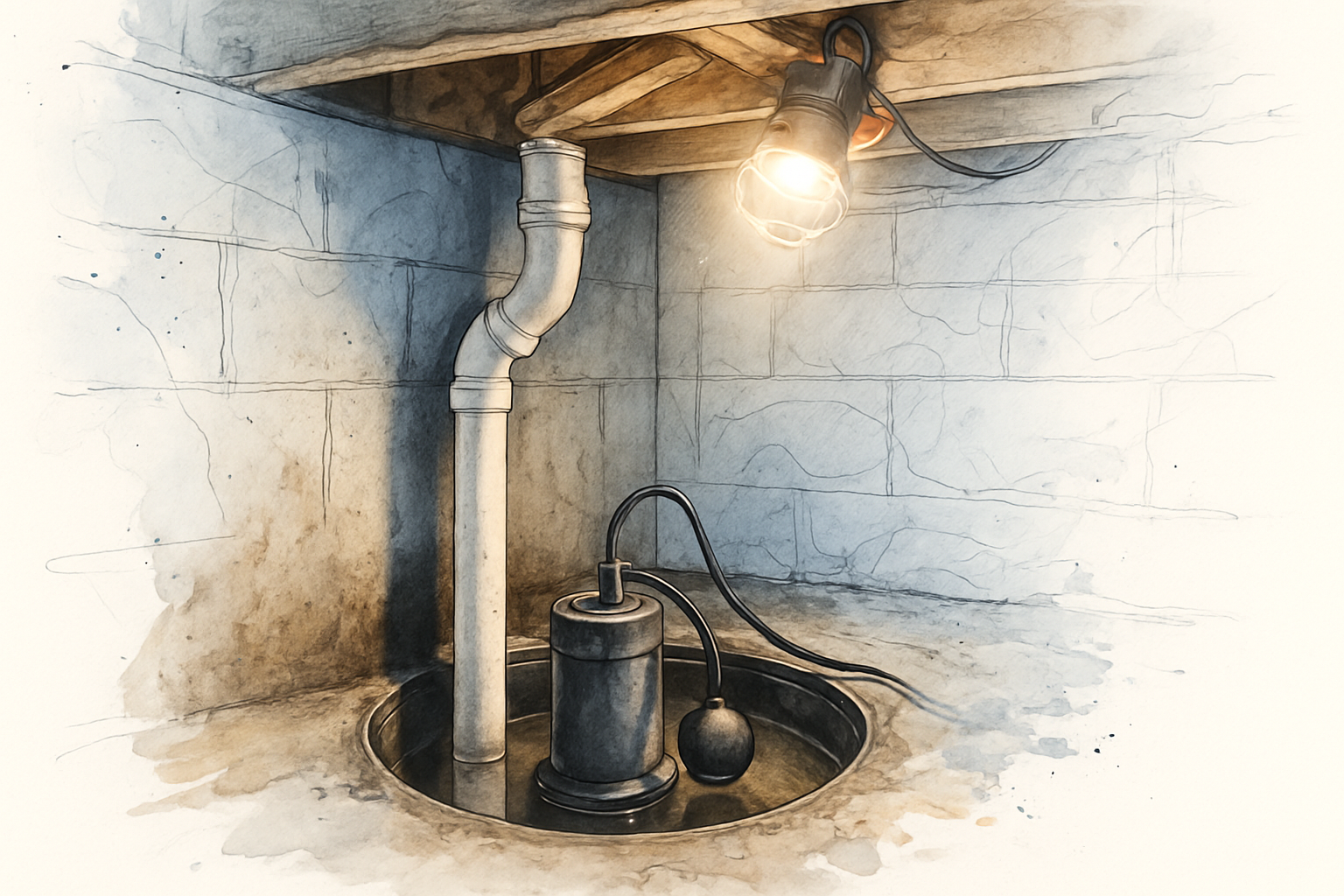 Sump pump sitting in an open pit inside a damp residential crawl space with PVC discharge pipe rising above it