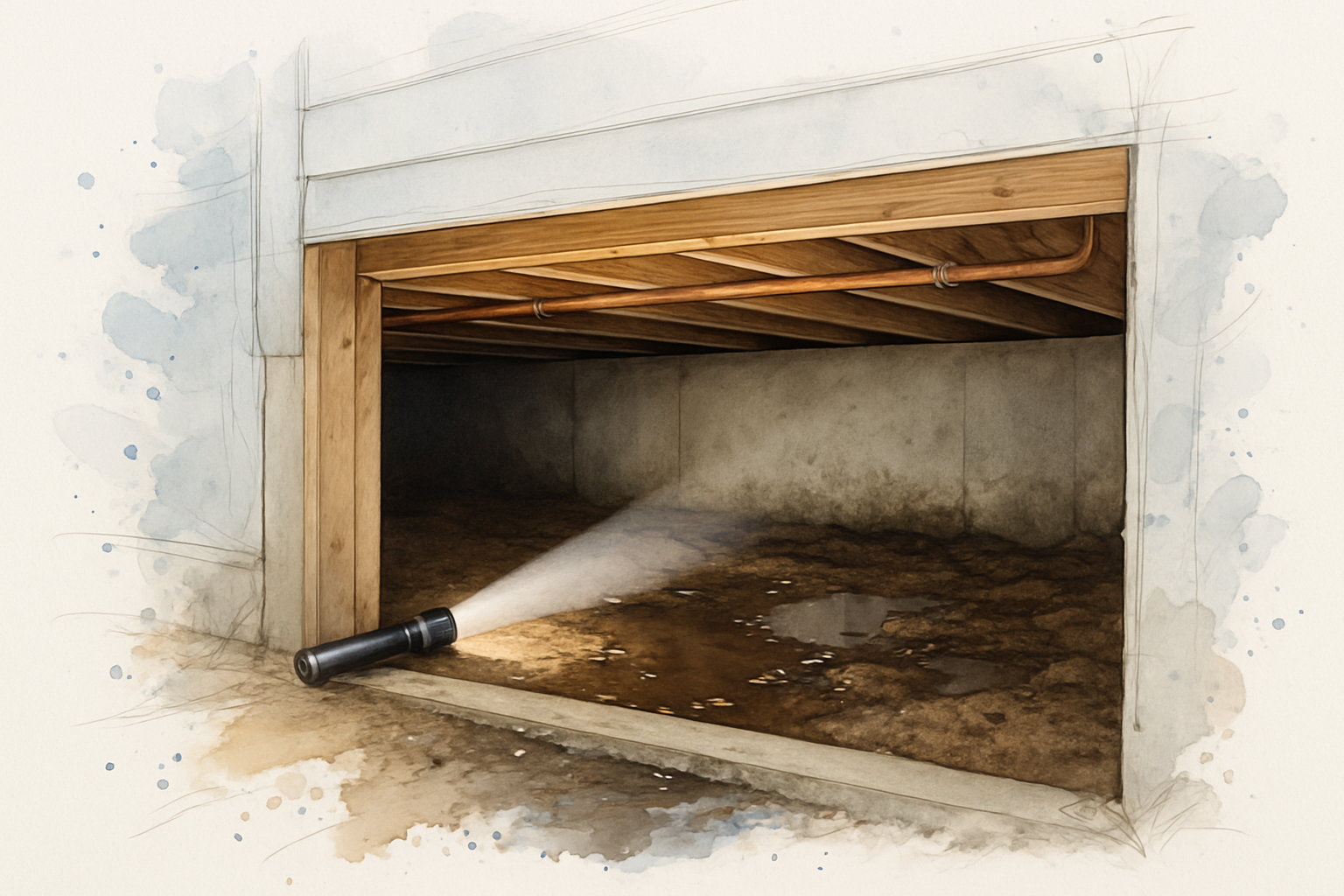 Flashlight lighting a damp crawlspace with water staining on the stem wall and puddles on bare soil