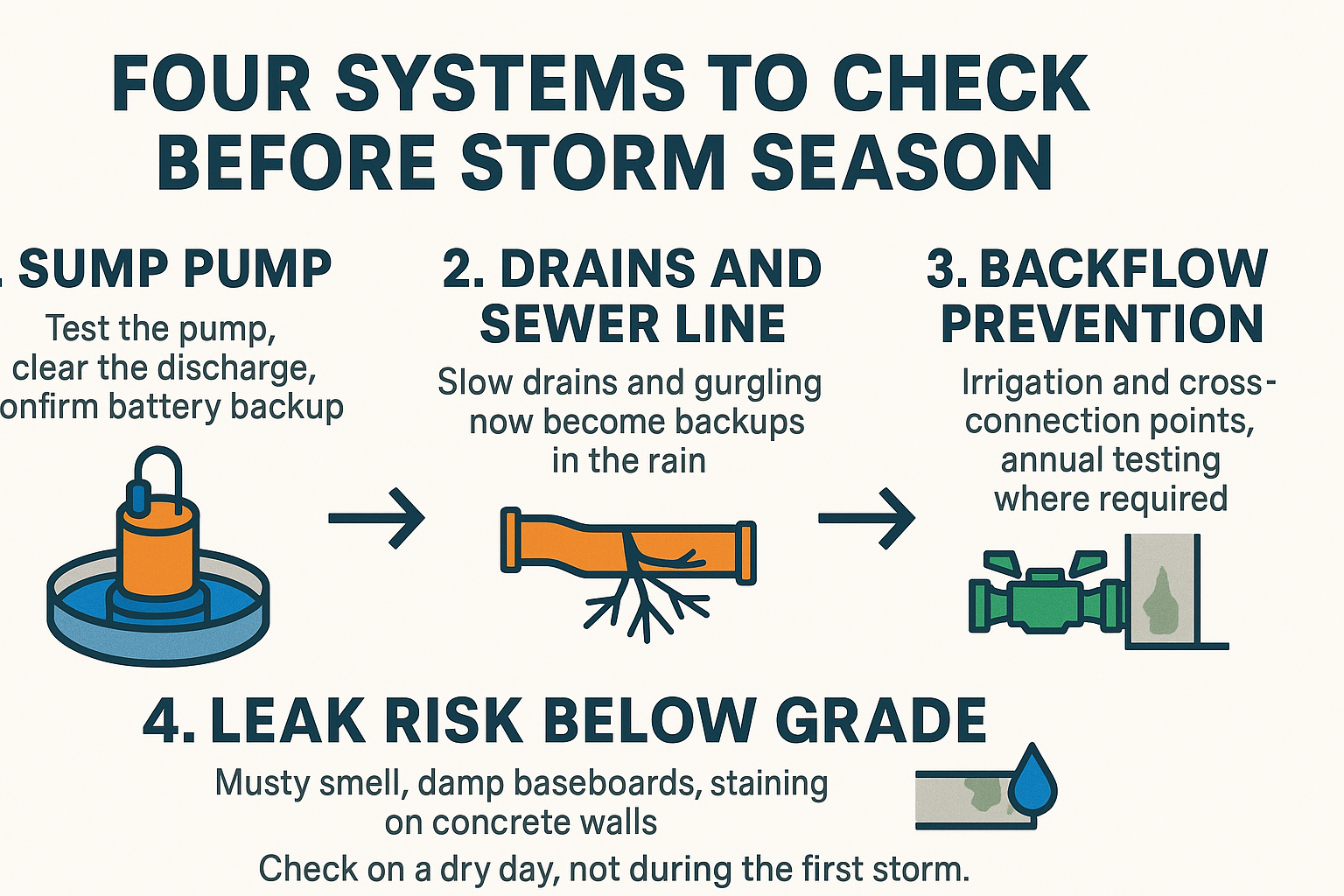 Infographic listing four plumbing systems to check before storm season: sump pump, drains, backflow, leak risk