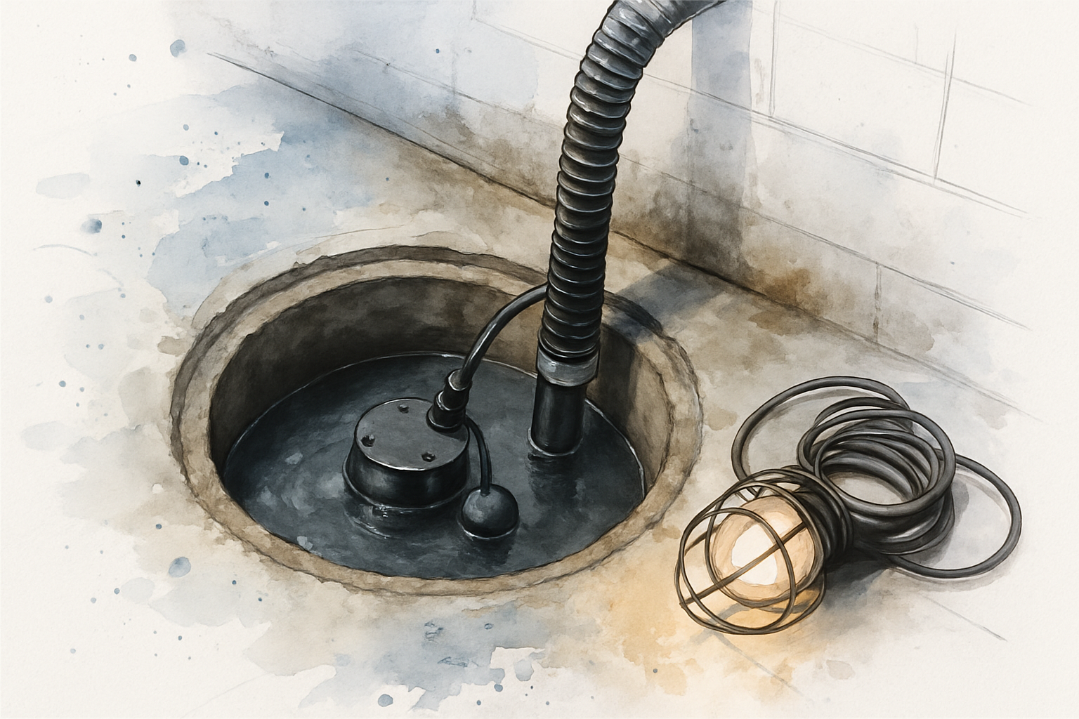 Open sump pit in a concrete garage floor with standing water, submersible pump and discharge pipe