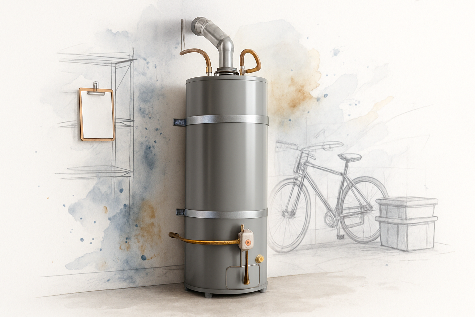 Newly installed garage water heater with seismic strapping and vent piping in a California home