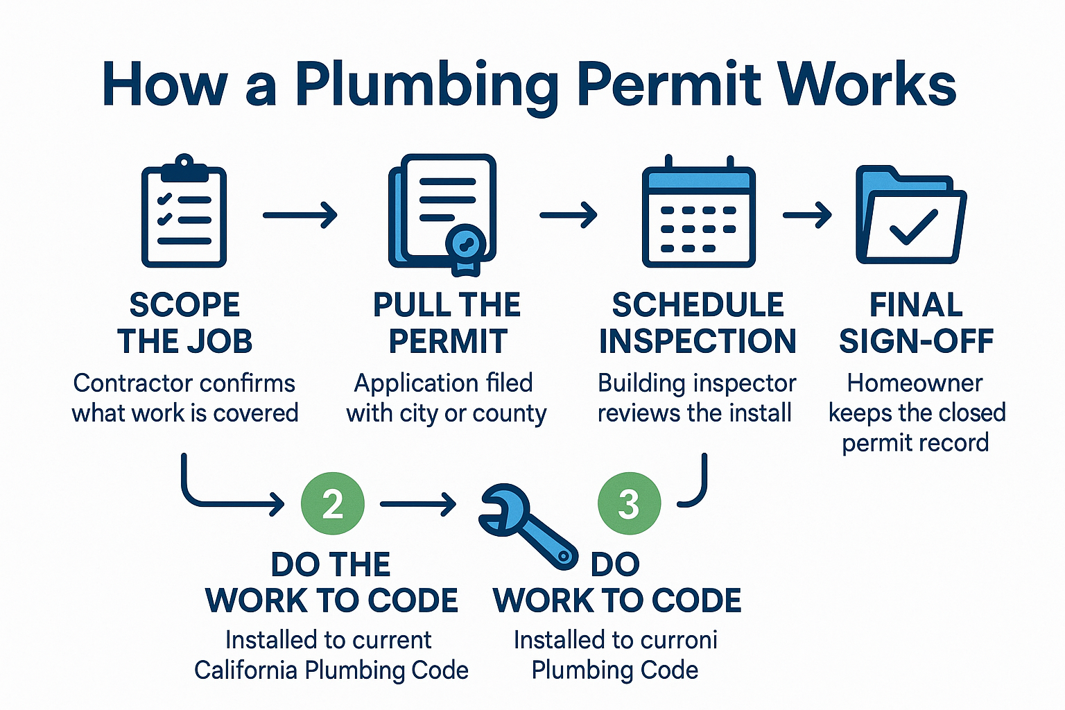 Infographic showing the five steps of the plumbing permit process from scoping the job to final sign-off