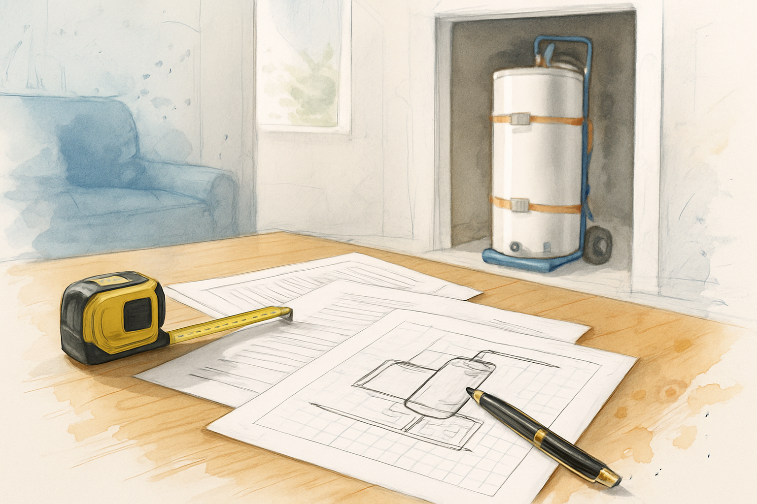 Permit paperwork spread on a kitchen table with a new water heater on a hand truck in the background
