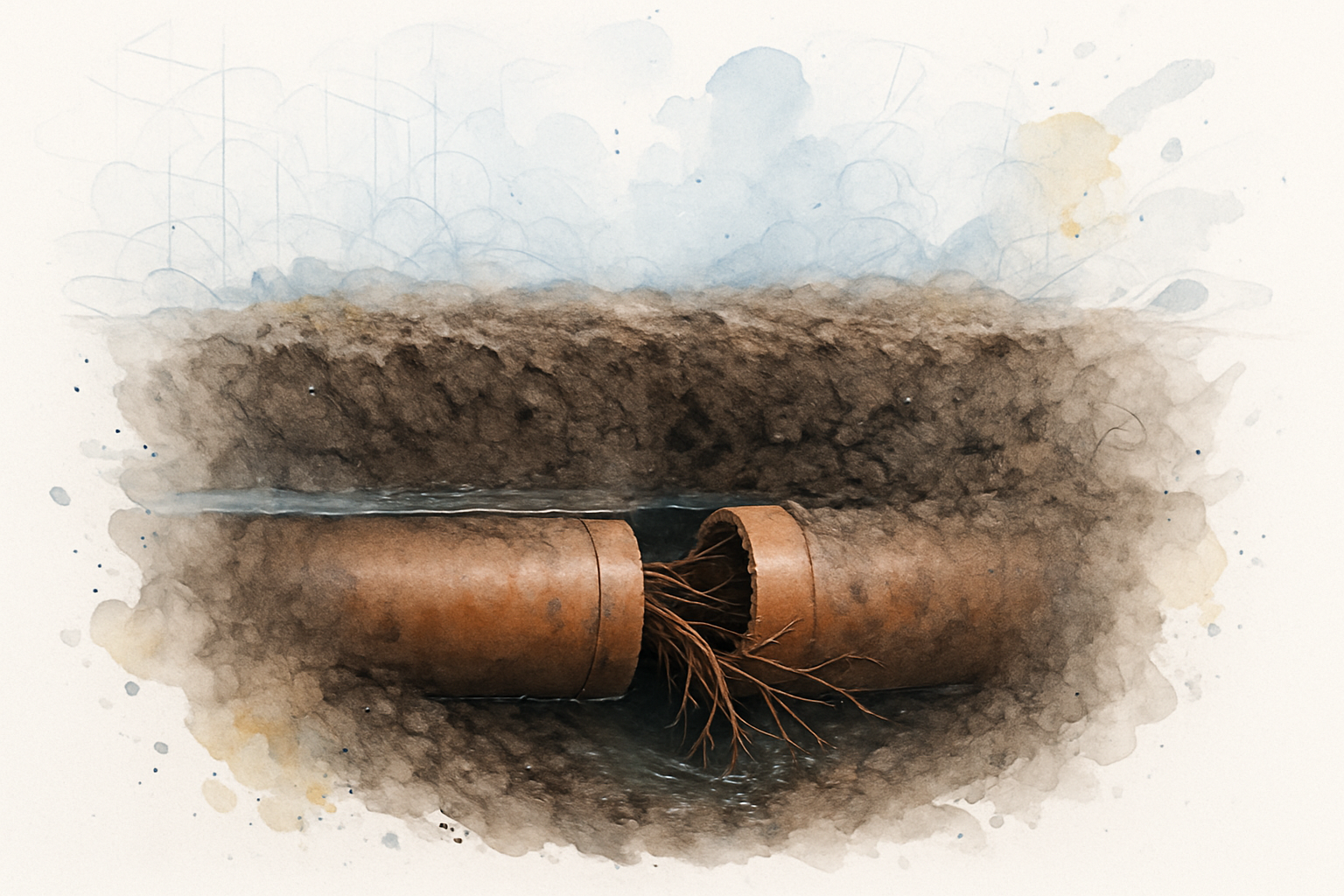 Cutaway of a cracked clay sewer lateral with roots and groundwater entering through a separated joint