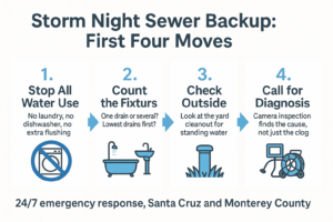 Infographic showing four steps to take when a sewer line backs up during a storm