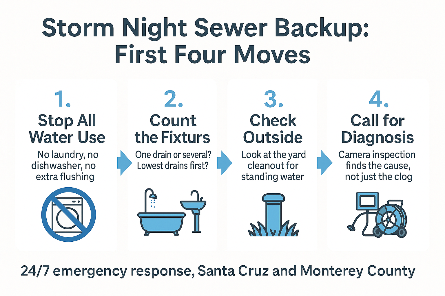 Infographic showing four steps to take when a sewer line backs up during a storm