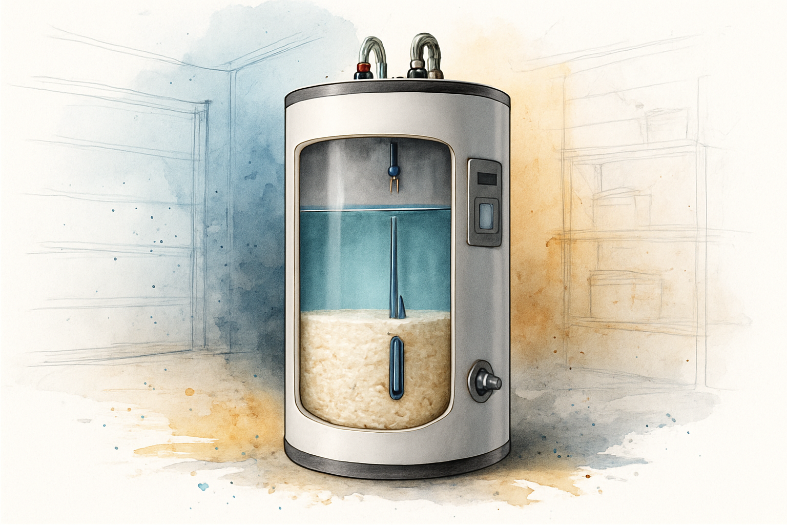Cutaway water heater tank showing sediment buildup covering the lower heating element