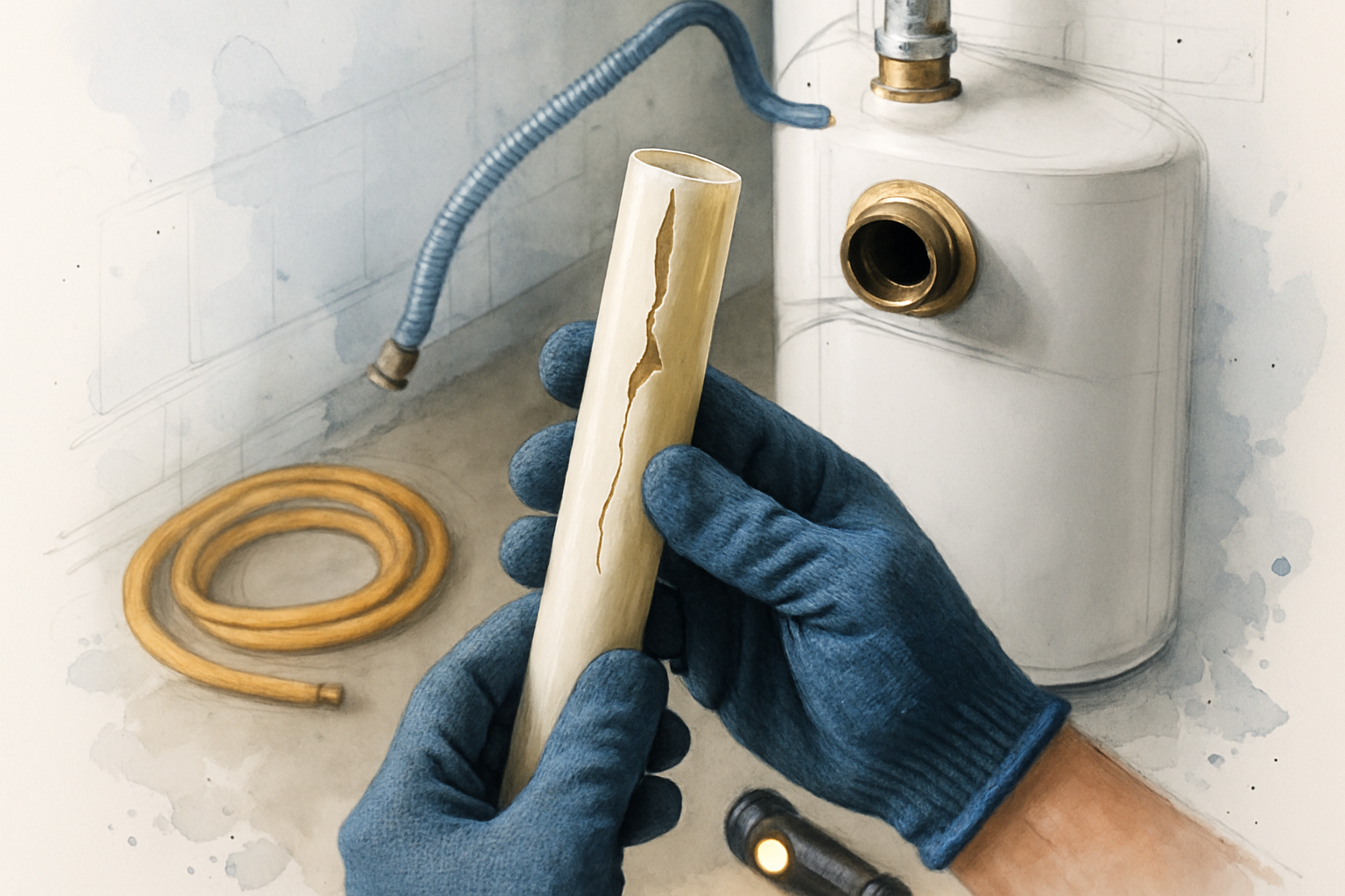 Plumber holding a cracked dip tube removed from a water heater where hot water runs out too fast