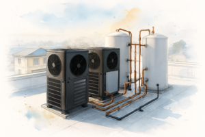 Central heat pump water heater units and storage tanks on an apartment building rooftop on the California coast