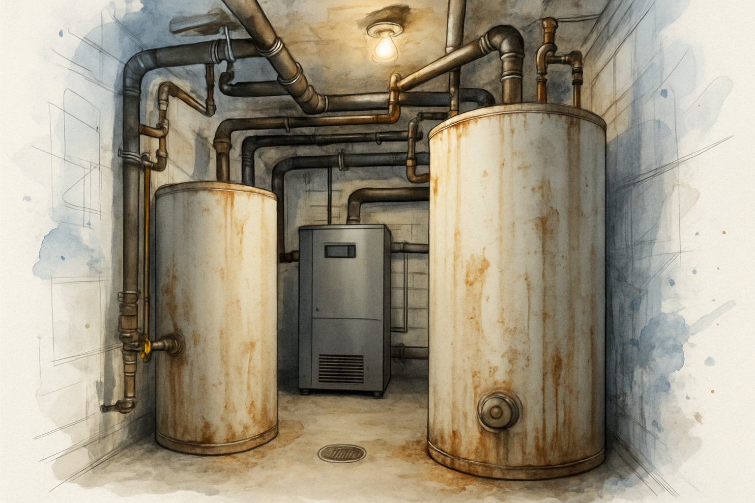 Aging central water heating plant with two storage tanks in an apartment building mechanical room