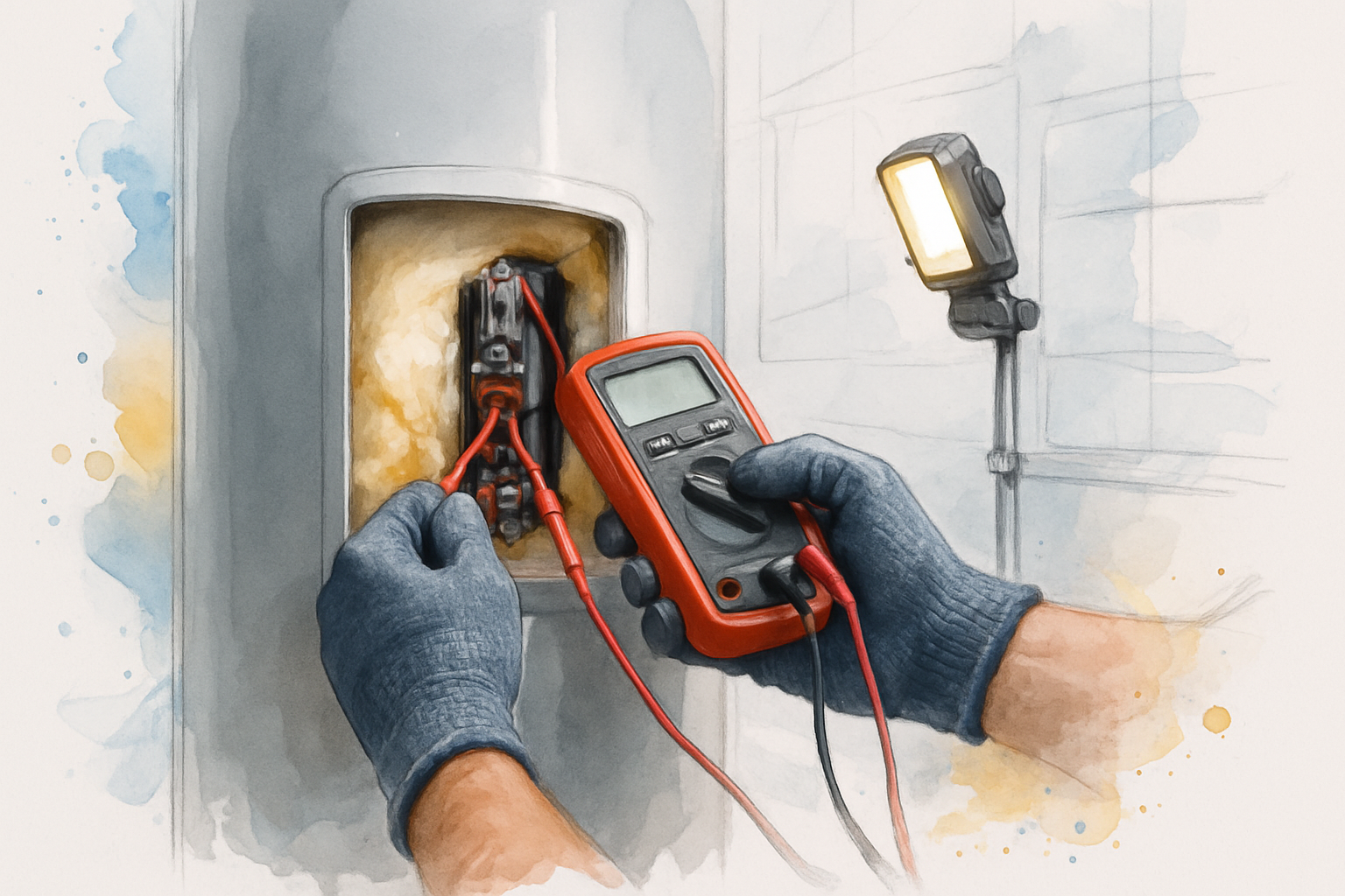 Plumber testing a water heater thermostat and heating element with a multimeter during a no hot water call
