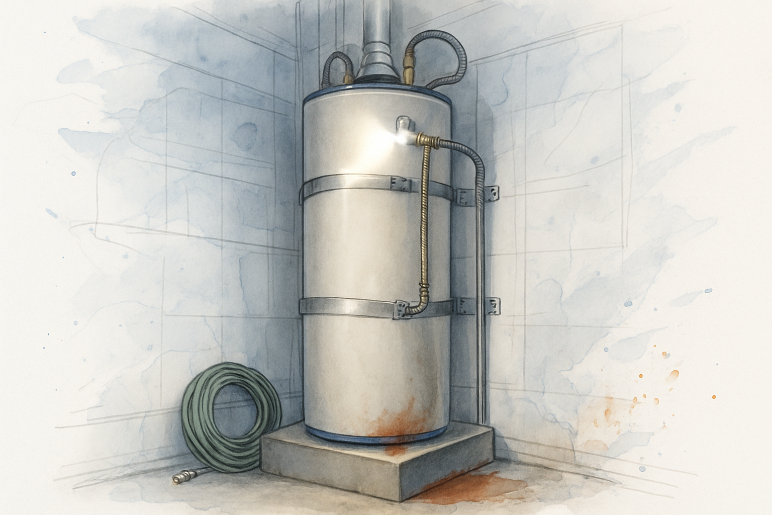 Aging gas water heater in a Santa Cruz garage with rust at the base and water pooling on the concrete floor