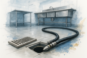 Open floor drain and hose in a closed commercial kitchen on the Central Coast