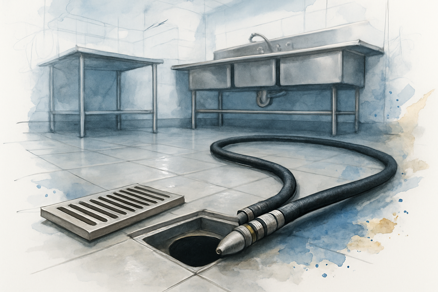 Open floor drain and hose in a closed commercial kitchen on the Central Coast