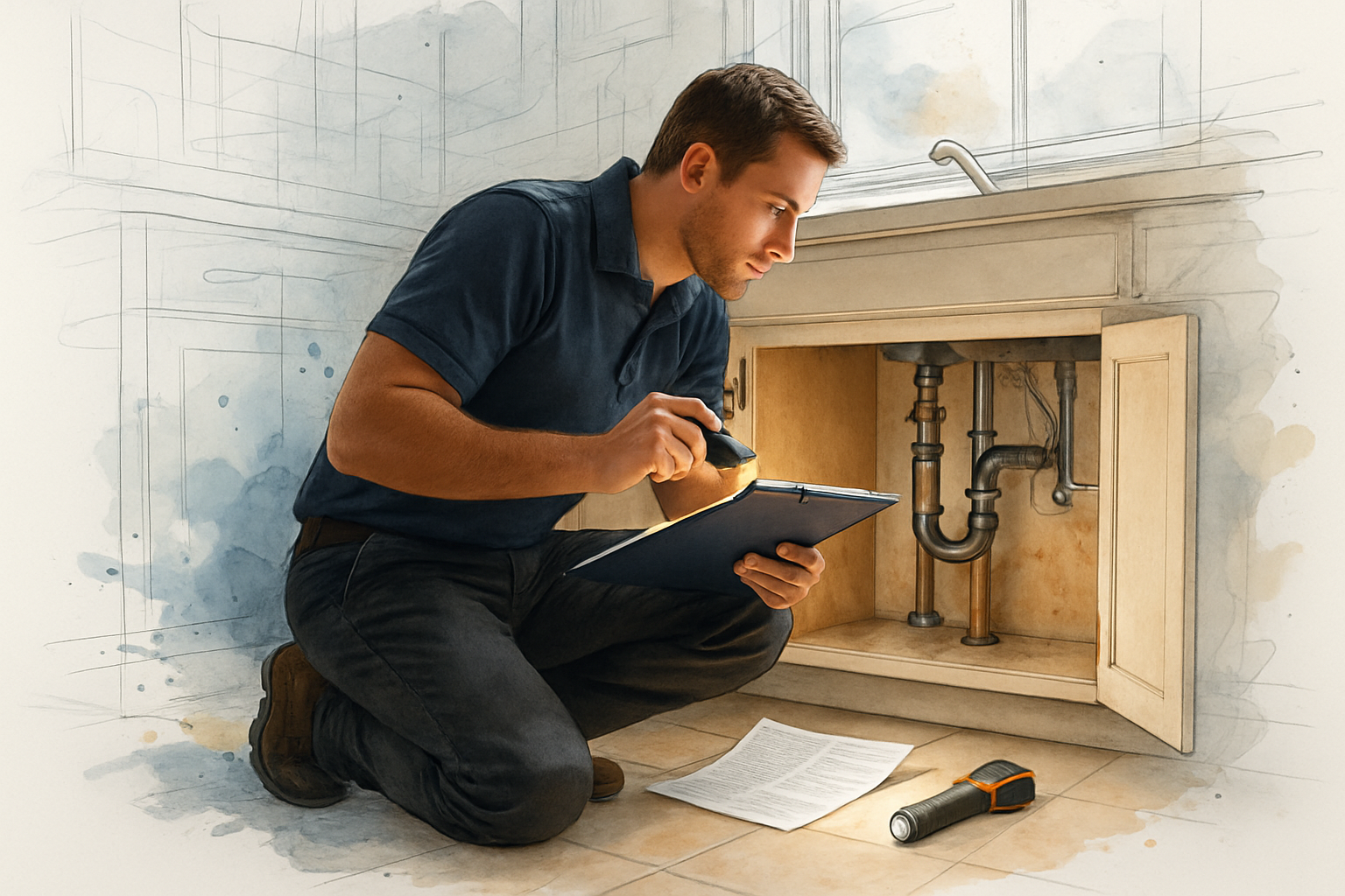 Plumber inspecting supply lines under a kitchen sink with an inspection report on the floor beside him