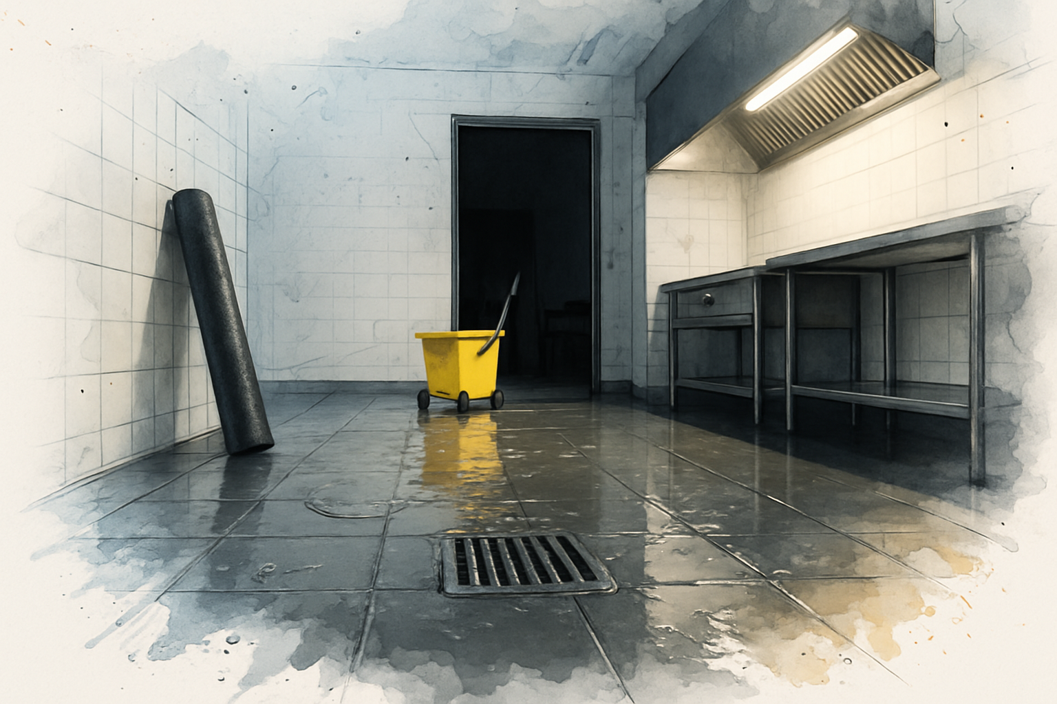 Standing water around a floor drain in a dark commercial kitchen after a backup, a job for a