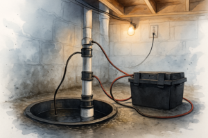 Crawl space sump basin with a primary pump and a battery backup sump pump wired to a sealed battery box