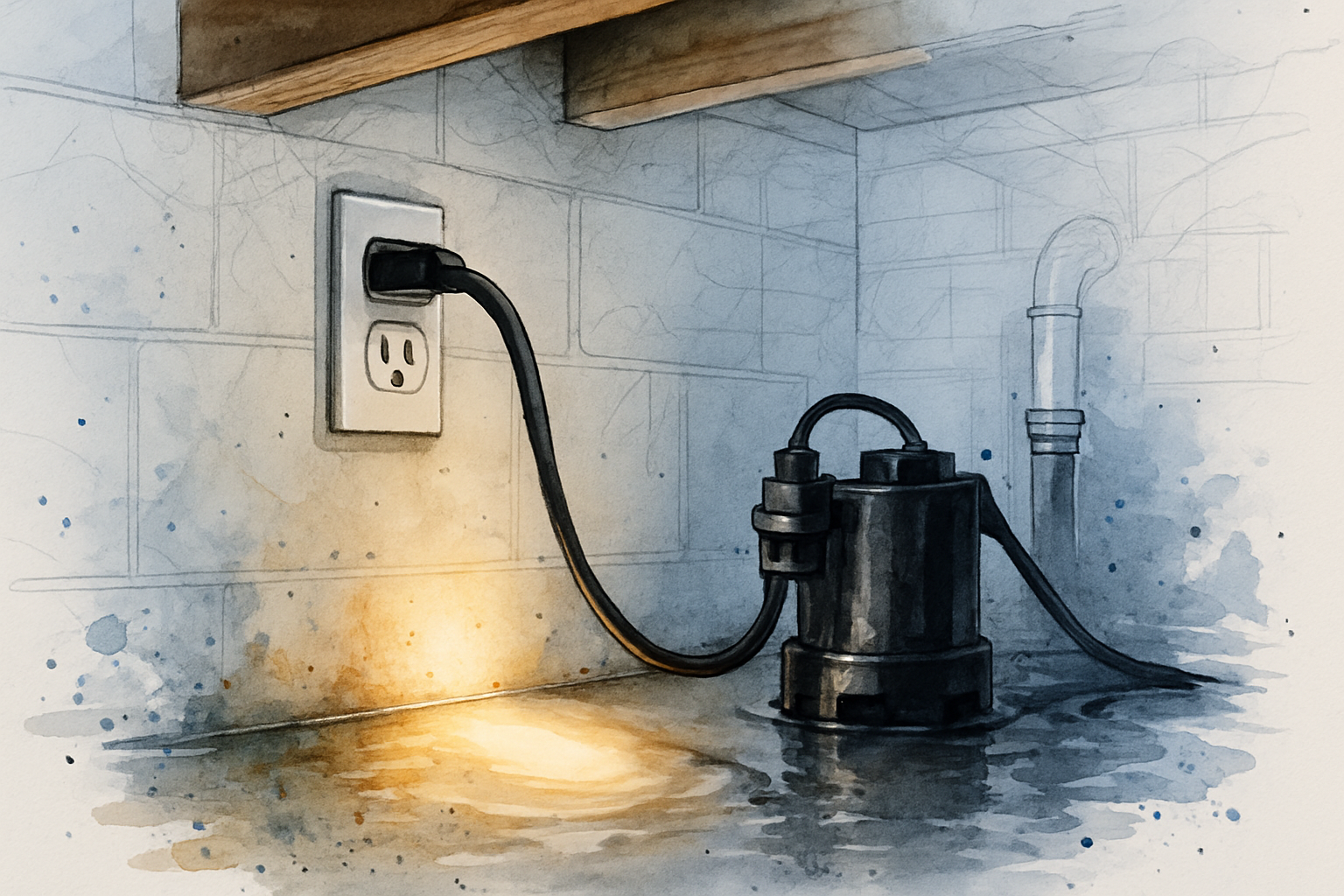 Sump pump cord plugged into a dark, unpowered crawl space outlet with standing water on the floor below