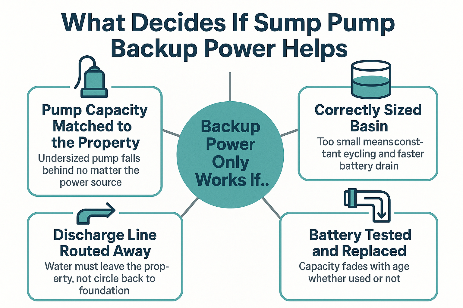 Infographic showing four factors that determine whether a battery backup sump pump actually protects a property