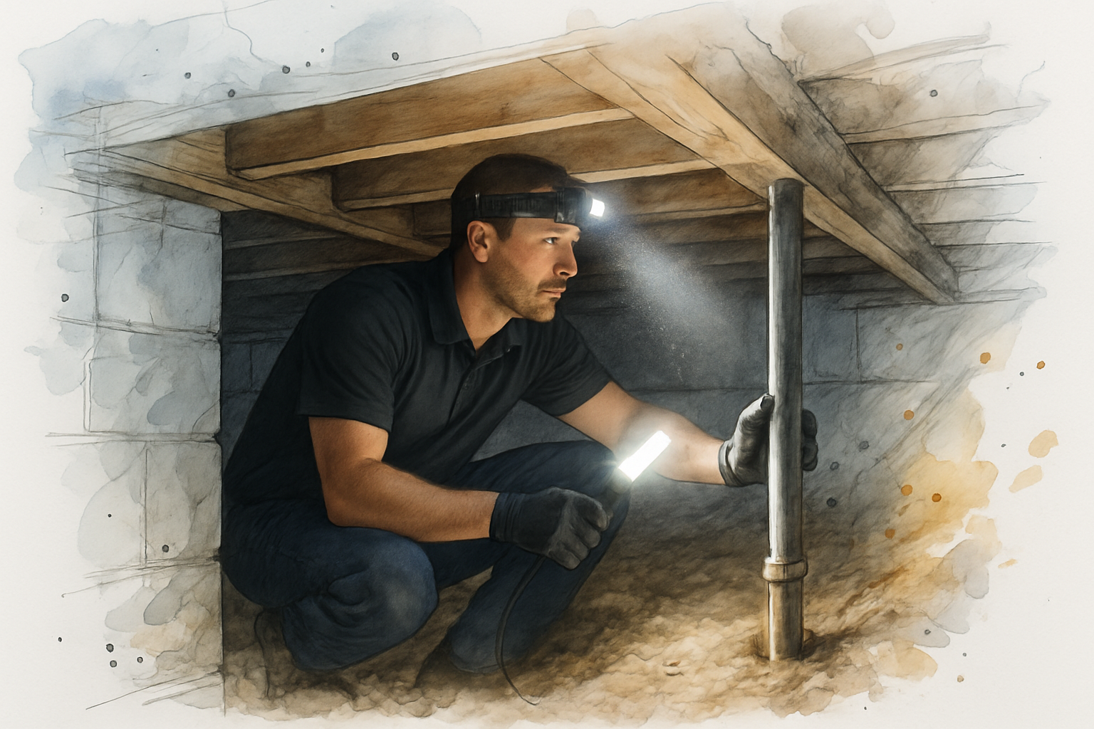 Plumber inspecting the main water line in the crawlspace of an older raised foundation home