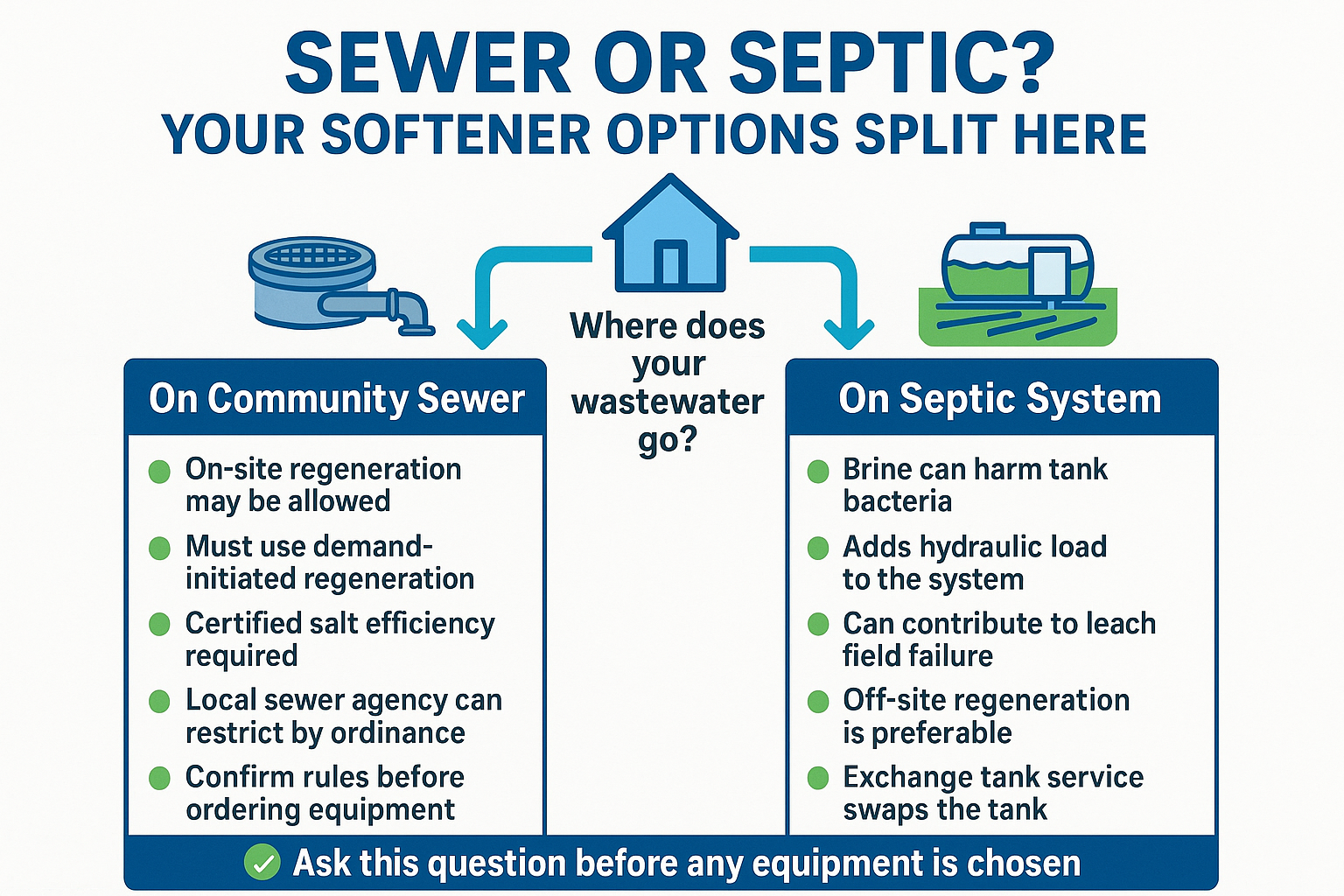 Infographic comparing water softener options for homes on community sewer versus homes on septic systems